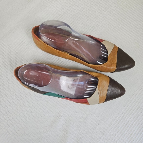 Lucky Brand Petra Patchwork Flats Sz 10 Tan Aqua Coral Brown Leather Pointed Toe - Picture 9 of 9